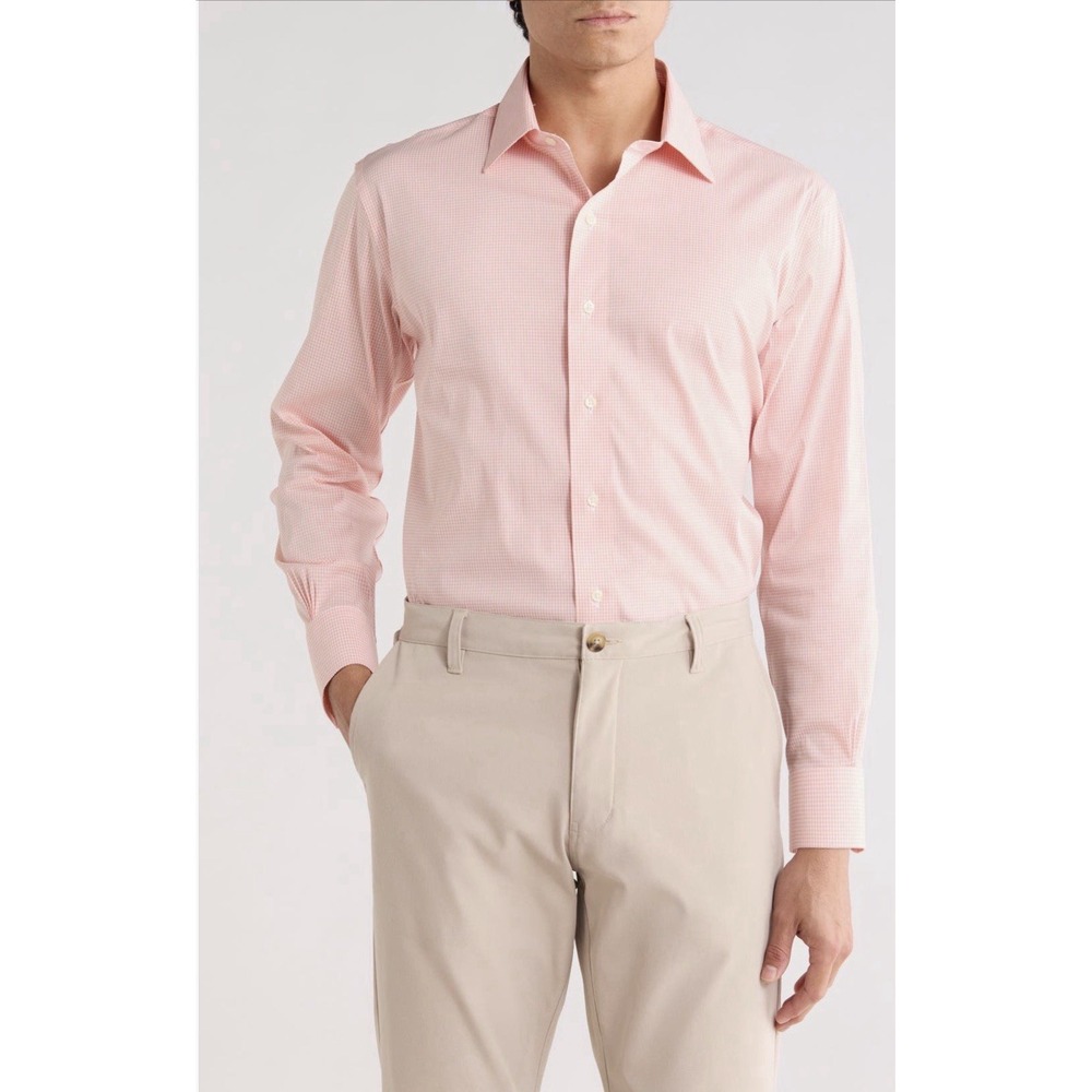 Brooks Brothers Trim Fit Check Button-Down Shirt Peach Pink Size 18 36 NWT